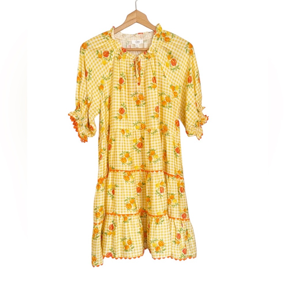 Oddi Yellow Gigham Peach Orange Tiered Cottagecore Picnic Dress size M